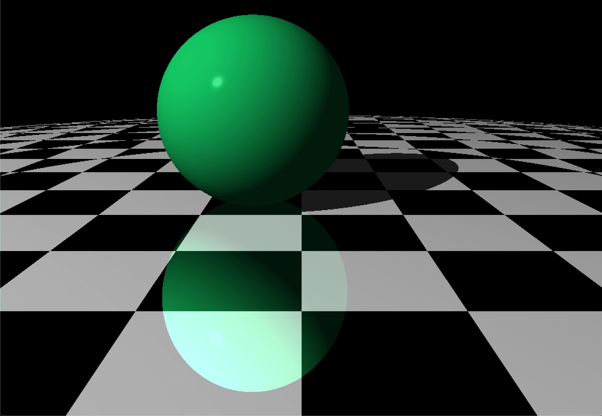 A green ball sitting on a reflective black and white checkered floor.