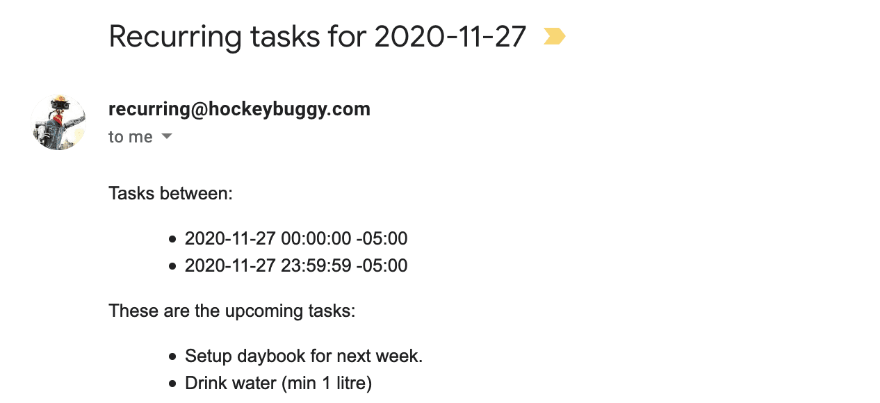 An screenshot of an image of a email received from a 'recurring' email address. The is a list of upcoming tasks.