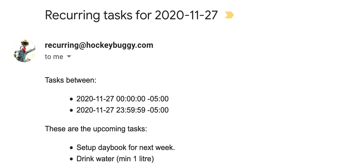 An screenshot of an image of a email received from a 'recurring' email address. The is a list of upcoming tasks.