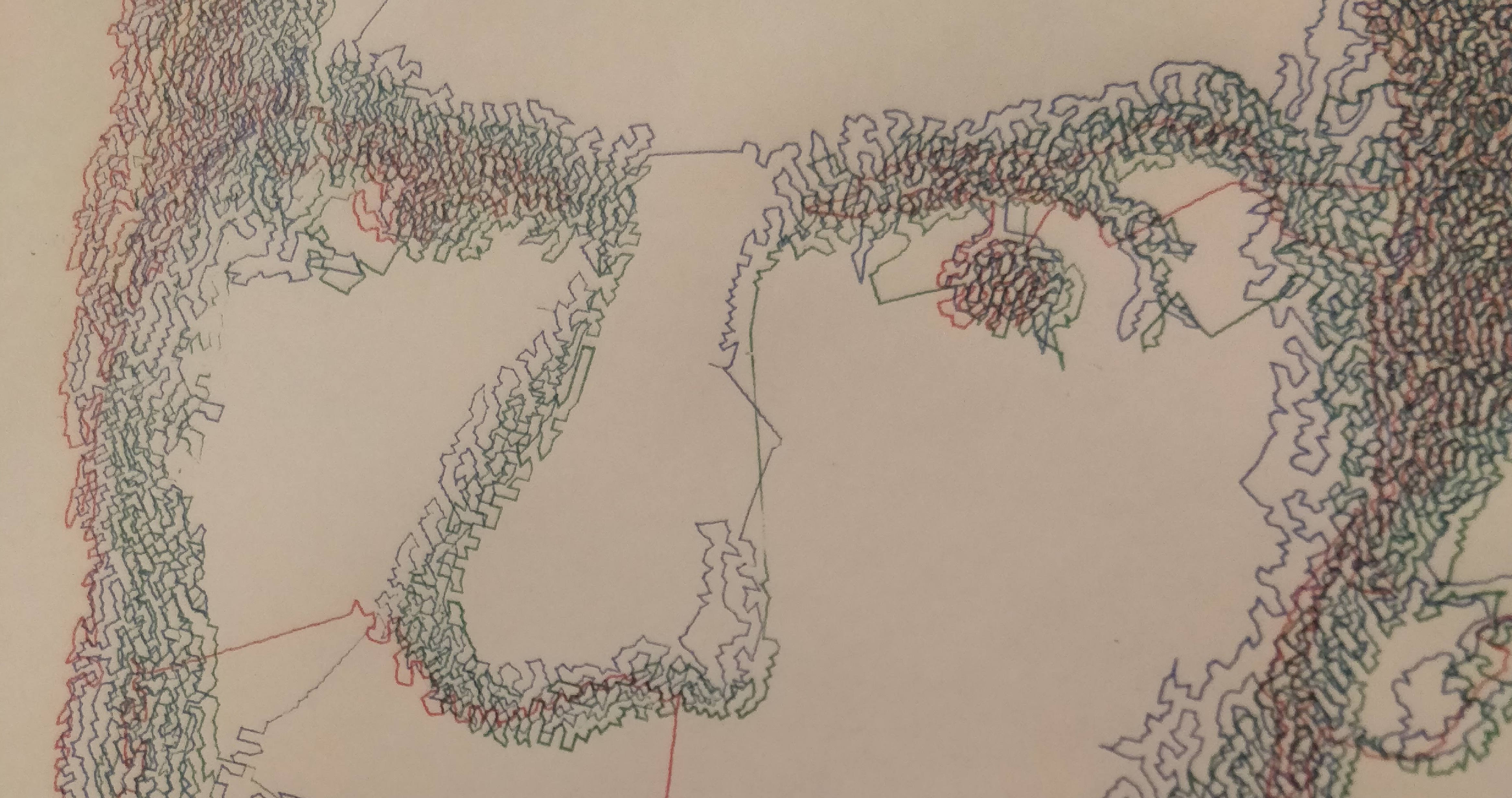 A close up image of a face drawn with 3 continous lines; one red line one blue line and one green line. The face is the face of Douglas.