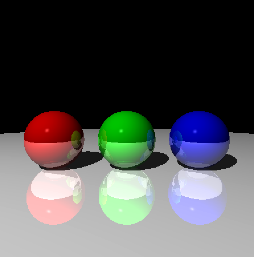 Three coloured reflective marbles on a reflective plane