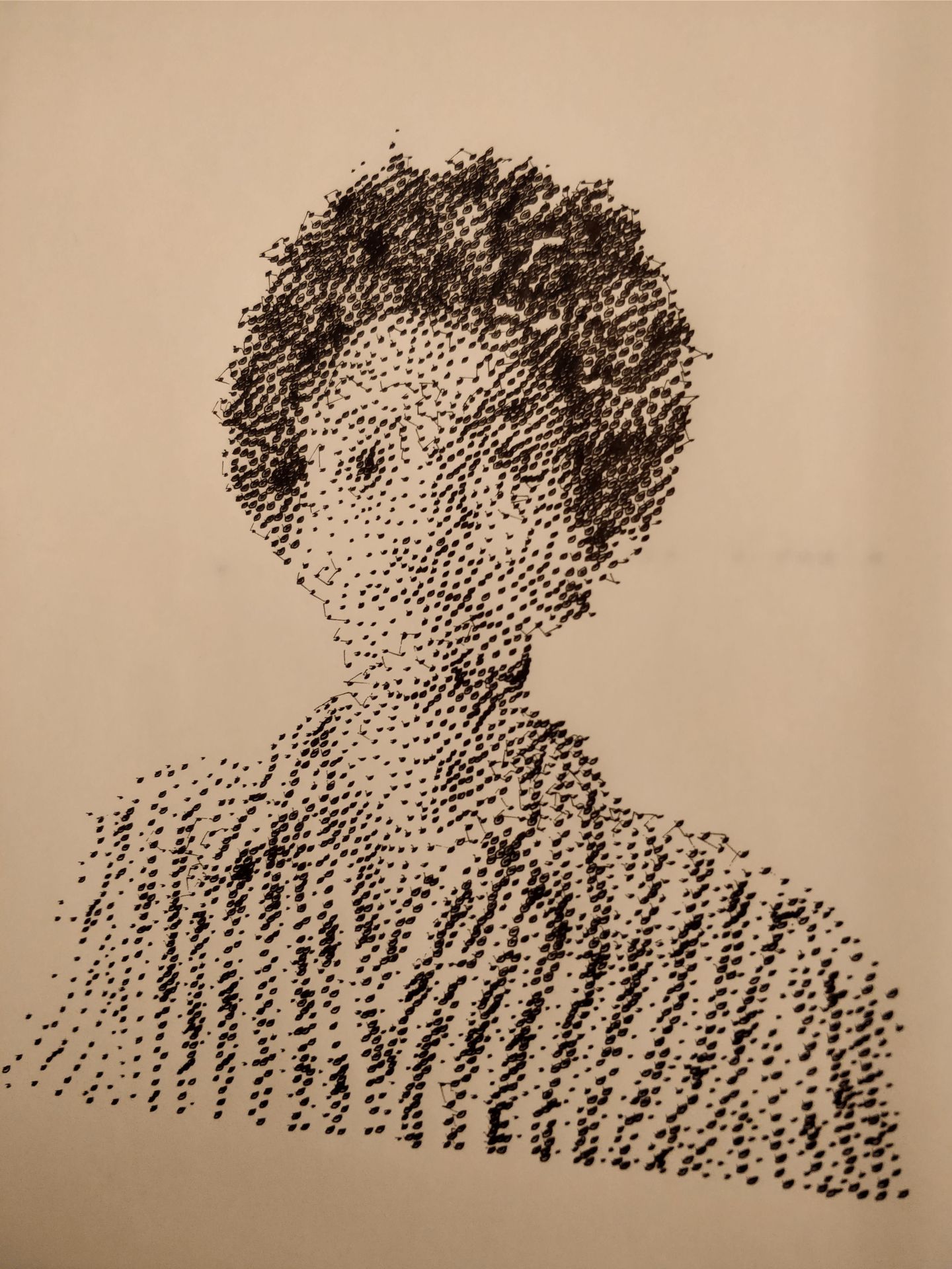 An image of a person in a stripped shirt using a stippled art style.